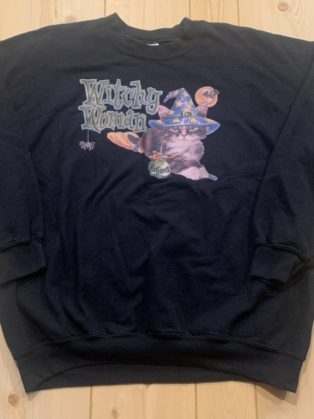 Vintage Y2K Witchy Woman Halloween Cat Kitty Spooky Scary Witch Sweatshirt XL